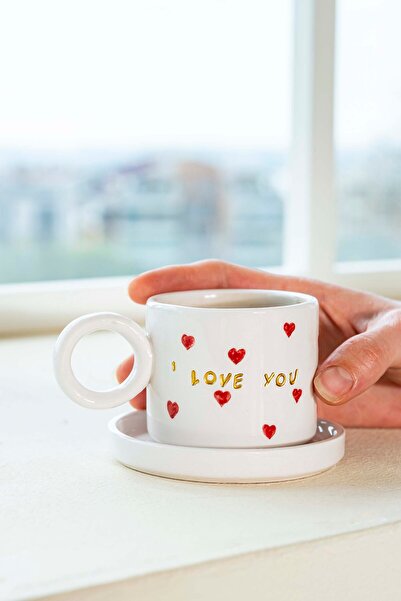 Rivaİstanbul Te iubesc Amore Cană dublă de cafea din ceramică realizată manual