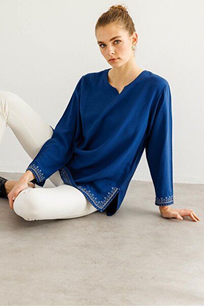 Desen Triko Жіноча блуза з розрізом на рукавах і спідниці з вишивкою, індиго