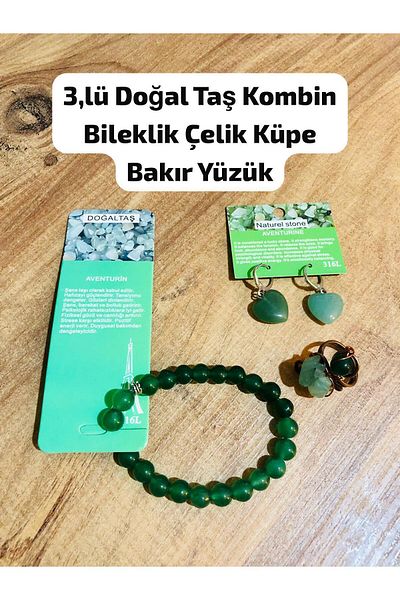 Bizde Ne Yok ki 3-Piece Natural Stone Combination - Bracelet - Steel - Earrings - Copper - 6 Model Options