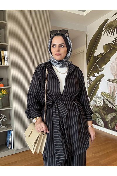 Aselim Hijap Moda Black Cotton Shirt Set - Striped and Belted