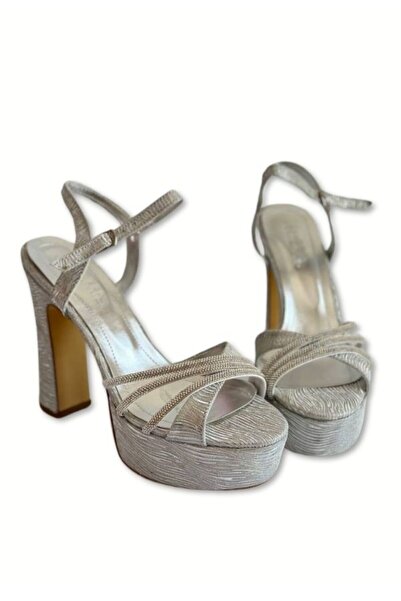 Favi Ayakkabı Silver Stone Shiny Platform Heel Stylish Evening Shoes