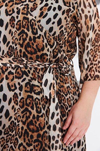 RMG Leopar Desenli Büyük Beden Astarlı Günlük Elbise Vizon