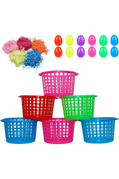 Holady Set 6 cosuri cu 5 saci de iarba colorata si 12 oua de Paste Holady, plastic, multicolor