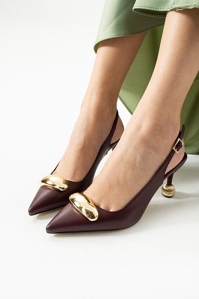 Güllü Shoes Burgundy Matte Vegan Leather 7cm Thin Heeled Stiletto |   Gold Detailed Stylish Women's Office Evening Dress Casual Shoes