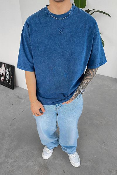 HAFKAGİYİM Μπλουζάκι με κέντημα Navy Blue Acid Wash Oversize