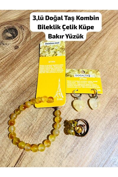 Bizde Ne Yok ki 3-Piece Natural Stone Combination - Bracelet - Steel - Earrings - Copper - 6 Model Options