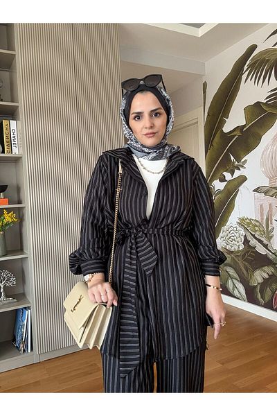 Aselim Hijap Moda Black Cotton Shirt Set - Striped and Belted