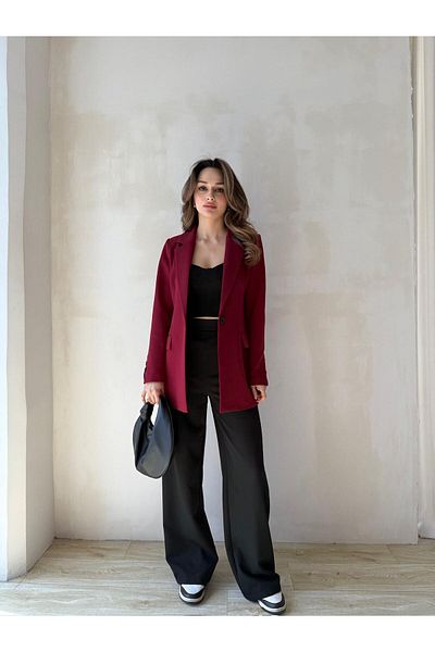 BUTİK ELAJ Women's Burgundy Atlas Single Button Blazer Jacket