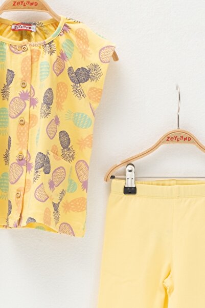 Zeyland Baby-Mädchen-Set aus gelbem T-Shirt mit Ananas-Muster, Taschen und Knöpfen sowie Leggings (2–7 Jahre)