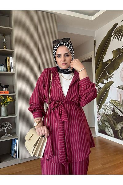 Aselim Hijap Moda Ριγέ Ζώνη Βαμβακερό Πουκάμισο Σετ Claret Red