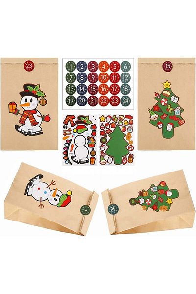 Tenwo Set de 24 pungi si 48 stickere pentru calendarul de advent Tenwo, hartie/PVC, multicolor