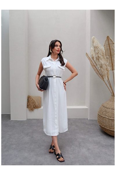 ESRAHELVACI Fabric Dress with Gold Buckle Belt