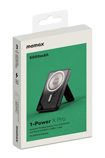 Momax 1-Power X PRO 5000mAh Magnetic Wireless Power Bank with Stand and Built-in USB-C Cable - Black