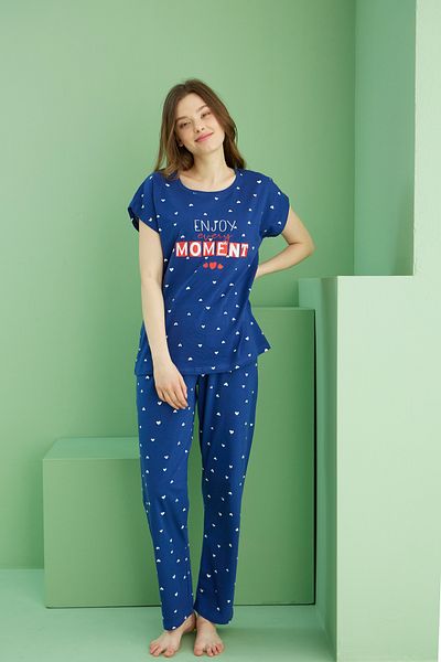 Siyah İnci Navy Blue Patterned Crew Neck Knitted Cotton Pajama Set 25113202