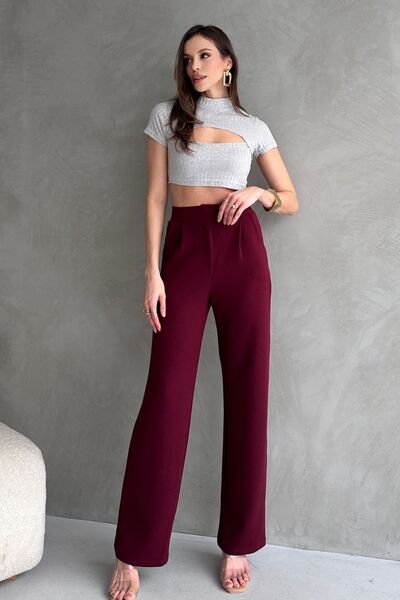 Know Kadın Likralı Cırt Kapama Bordo Palazzo Pantolon