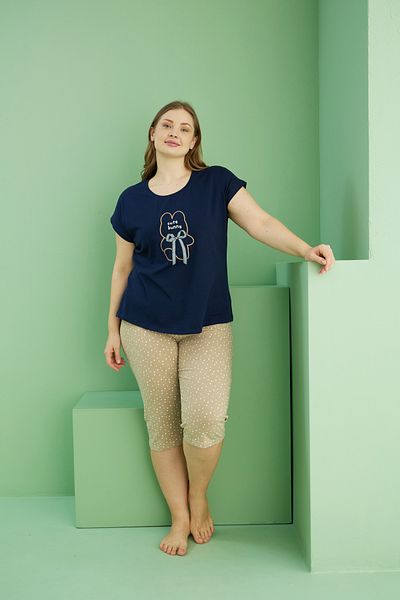 Siyah İnci Navy Blue Patterned Curve Plus Size Oversize Cotton Capri Suit 25112782