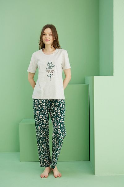 Siyah İnci Beige Patterned Crew Neck Knitted Cotton Pajama Set 25113227