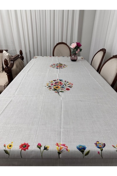 Madame Clean Home Lüx Dertsiz Leke Tutmaz Keten Baskılı Masa Örtüsü 160x220 Asmin Krem