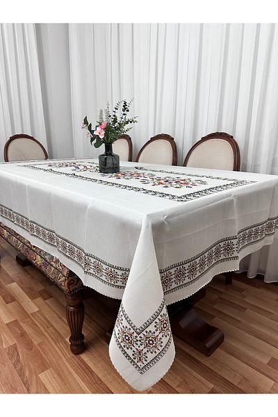 Madame Clean Home Τραπεζομάντηλο πολυτελείας λινό εμπριμέ 160x220 Χακί Floral