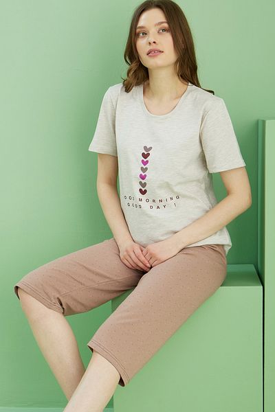 Siyah İnci Μπεζ μοτίβο Crew Neck Πλεκτό Βαμβακερό Κάπρι Κοστούμι 25112238