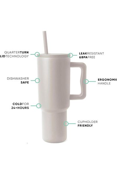 COOYA Coffee Mug, 40 oz with Handle and Straw Lid Insulated Stainless Steel Travel Mug Gifts, Grey