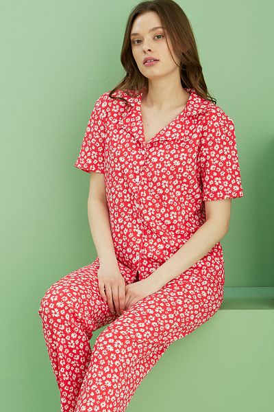 Siyah İnci Coral Color Patterned Pajama Set 25118560