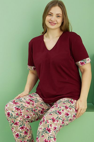 Siyah İnci Set de pijamale supradimensionate din bumbac cu imprimeu burgundă închis Curve Plus Size 25113754