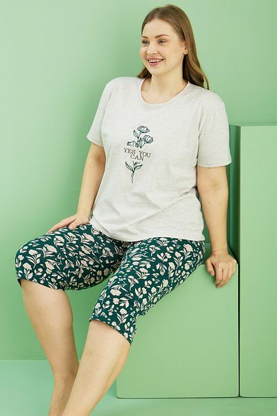 Siyah İnci Μπεζ μοτίβο Curve Plus Size Oversize Βαμβακερό Κάπρι Σετ 25112738