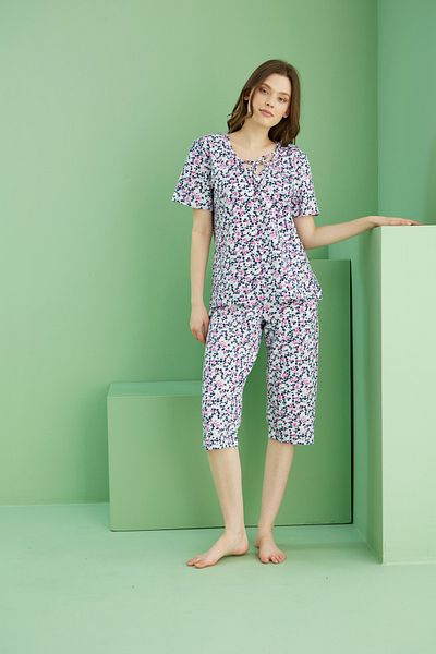 Siyah İnci Multicolored Crew Neck Lace Detailed Knitted Cotton Capri Suit 25112200