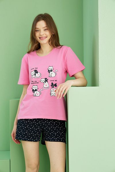 Siyah İnci Pink Patterned Cotton Crew Neck Knitted Shorts Set 25115020
