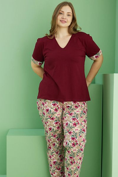 Siyah İnci Set de pijamale supradimensionate din bumbac cu imprimeu burgundă închis Curve Plus Size 25113754