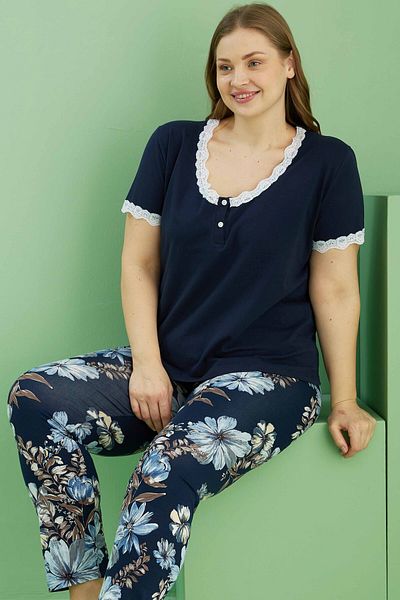 Siyah İnci Navy Blue Patterned Buttoned Curve Plus Size Oversize Cotton Pajama Set 25113816