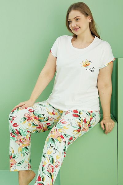 Siyah İnci Ecru Patterned Curve Plus Size Oversize Cotton Pajama Set 25113758