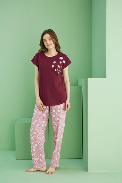 Siyah İnci Dark Burgundy Patterned Crew Neck Knitted Cotton Pajama Set 25113210