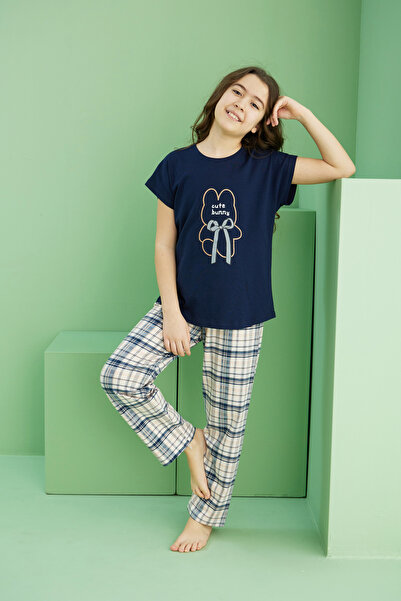 Siyah İnci Синій візерунковий бавовняний піжамний комплект з велосипедним коміром 25117083