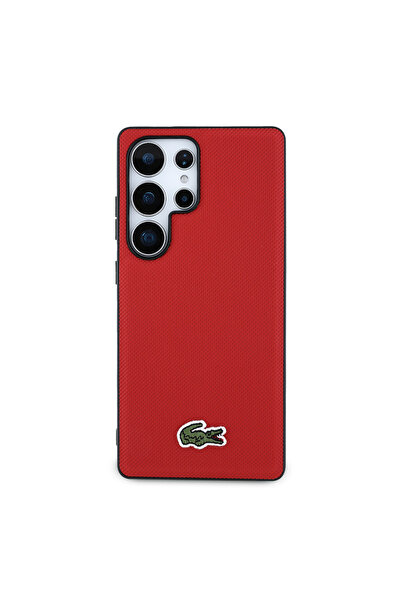 Lacoste Galaxy S25 Ultra Kılıf Lacoste Lisanslı PU Pike Desenli İkonik Timsah Dokuma Logolu Kapak Kırmızı