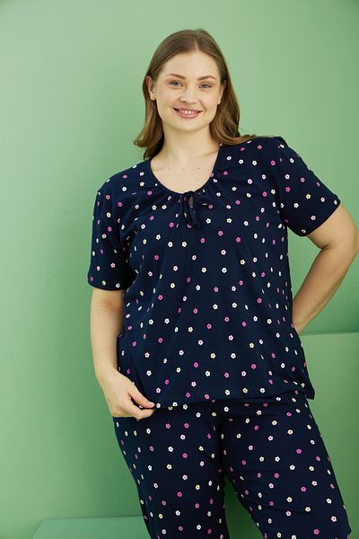 Siyah İnci Navy Blue Patterned Curve Plus Size Oversize Cotton Pajama Set 25113764