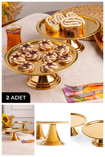 Fiyakalı Ürünler Atölyesi 2-Piece Gold Round, Stylish Cake, Cake, Cookie and Dessert Serving Presentation Stand with Legs