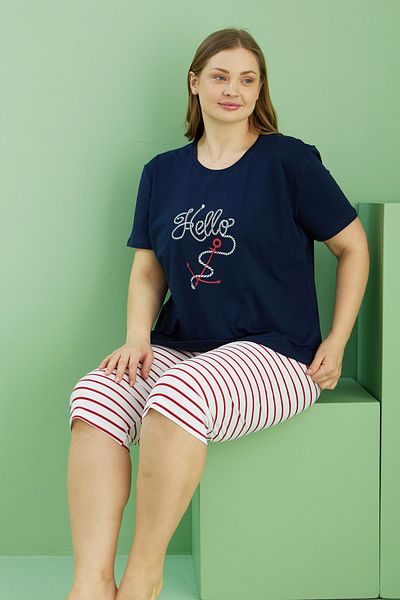 Siyah İnci Navy Blue Patterned Curve Plus Size Oversize Cotton Capri Suit 25112789