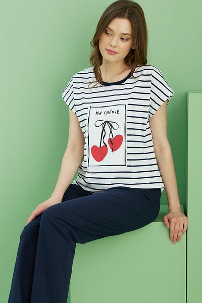 Siyah İnci Navy Blue and White Stripe Pattern Crew Neck Knitted Cotton Pajamas Suit25113241
