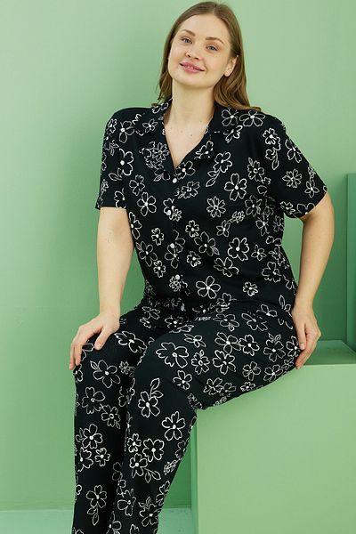 Siyah İnci Black Patterned Krin Killed Pajamas Large Size Buttoned Suit 25118727
