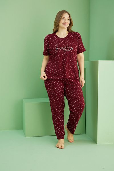 Siyah İnci Dark Burgundy Patterned Curve Plus Size Oversize Cotton Pajama Suit 25113739