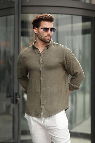 Madmext Ανδρικό πουκάμισο Khaki Basic 100% βαμβακερό μακρυμάνικο E6761