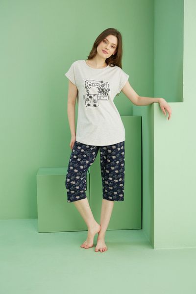 Siyah İnci Μπεζ μοτίβο Crew Neck Πλεκτό Βαμβακερό Κάπρι Κοστούμι 25112223