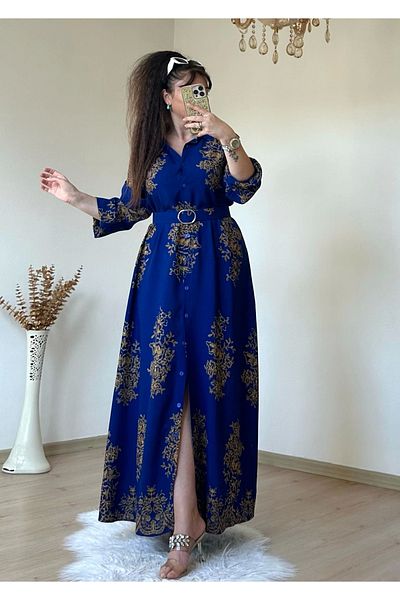 AZRA BUTİK Φόρεμα πουκάμισο με αυθεντικό μπλε σχέδιο