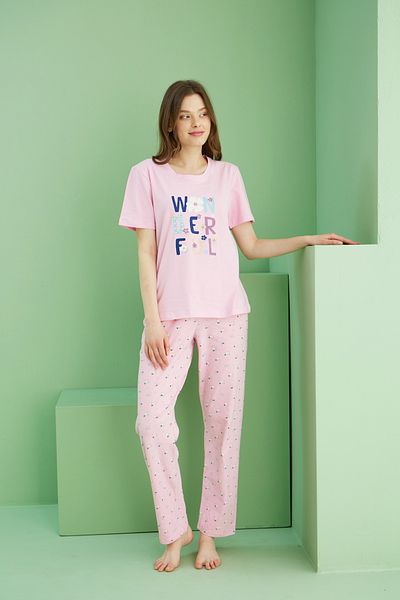 Siyah İnci Σετ πλεκτές πιτζάμες με ροζ σχέδιο Cotton Crew Neck 25117077