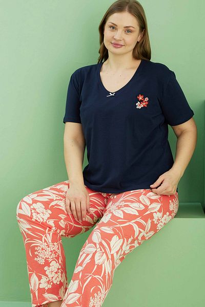 Siyah İnci Navy Blue Patterned Curve Plus Size Oversize Cotton Pajama Set 25113808