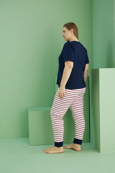 Siyah İnci Navy Blue Patterned Curve Plus Size Oversize Cotton Pajama Set 25113815
