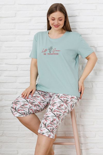 Siyah İnci Πράσινο μοτίβο Curve Plus Size Oversize Βαμβακερό Κάπρι Σετ 25112793