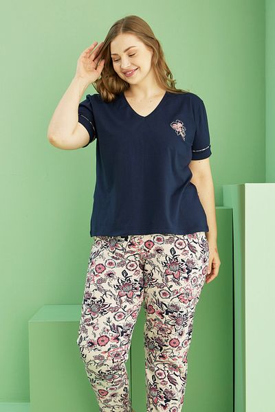 Siyah İnci Navy Blue Patterned Curve Plus Size Oversize Cotton Pajama Set 25113738